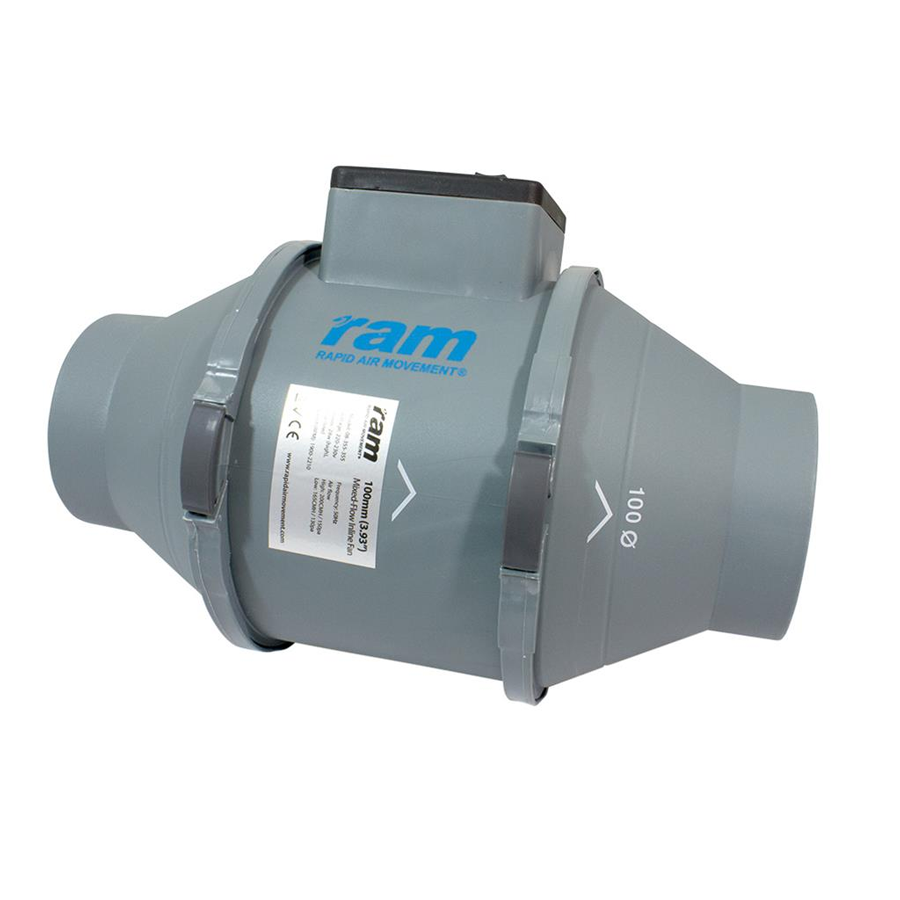  - RAM Mixed-Flow Inline Rohrventilator, 100 mm, 199 m³/h + EU Netzkabel mit IEC-Connector -  