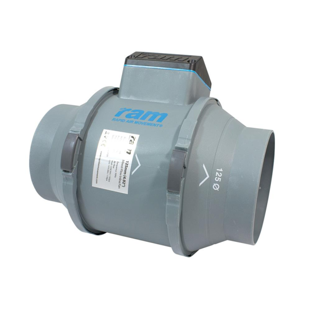 - RAM Mixed-Flow Inline Rohrventilator, 125 mm, 284 m³/h + EU Netzkabel mit IEC-Connector -  