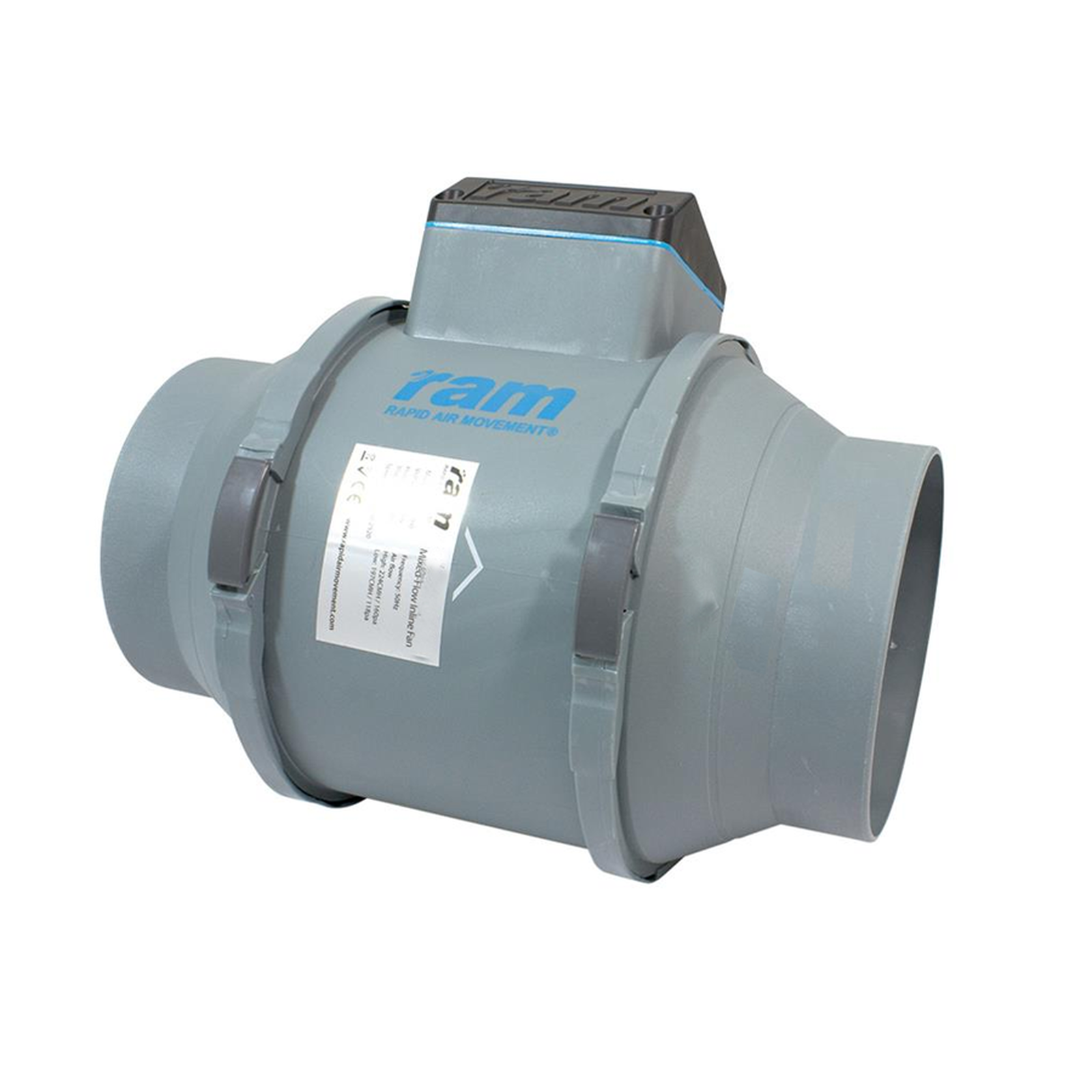  - RAM Mixed-Flow Inline Rohrventilator, 200 mm, 840 m³/h + EU Netzkabel mit IEC-Connector -  